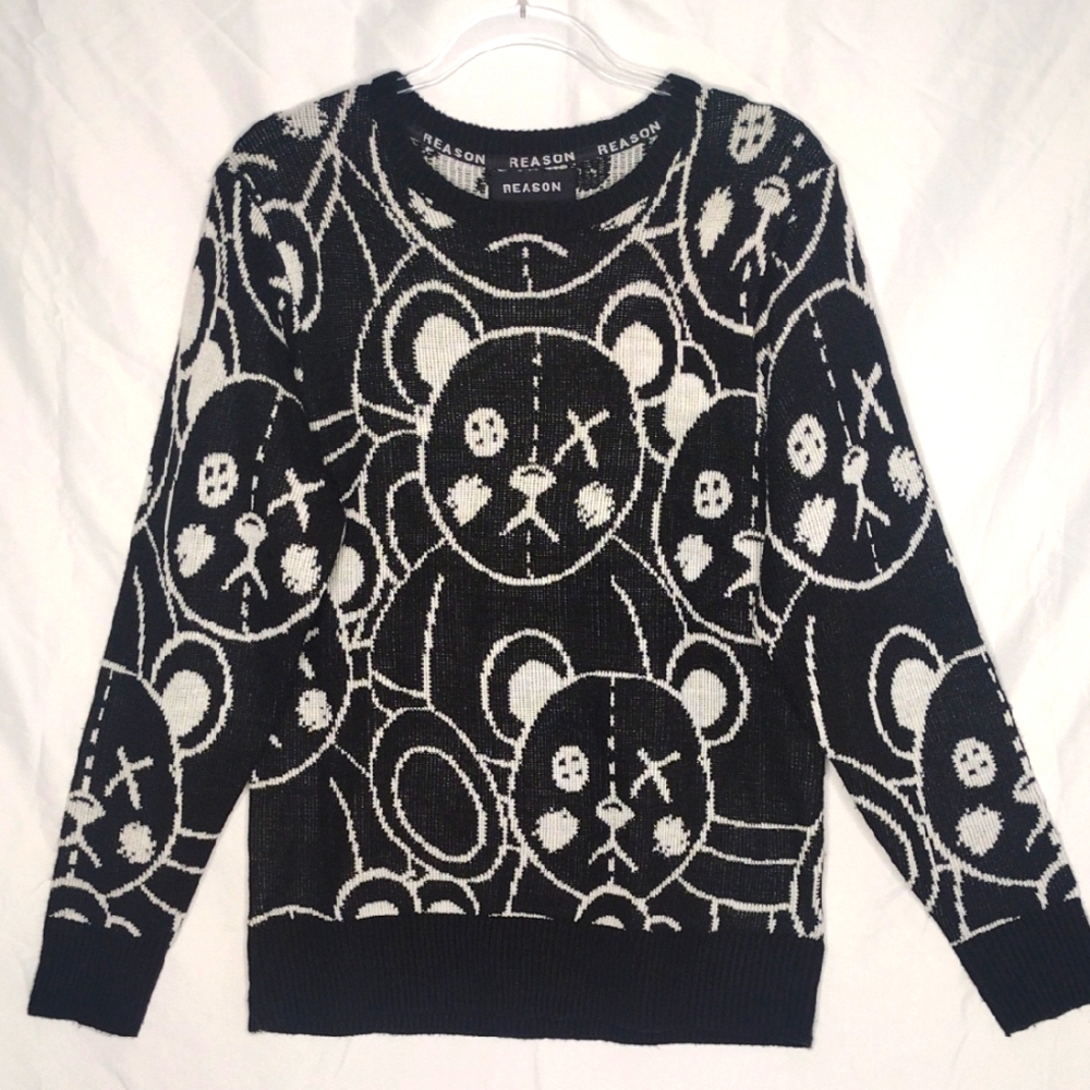 Reason Black And White Teddy Knit Sweater Men's M